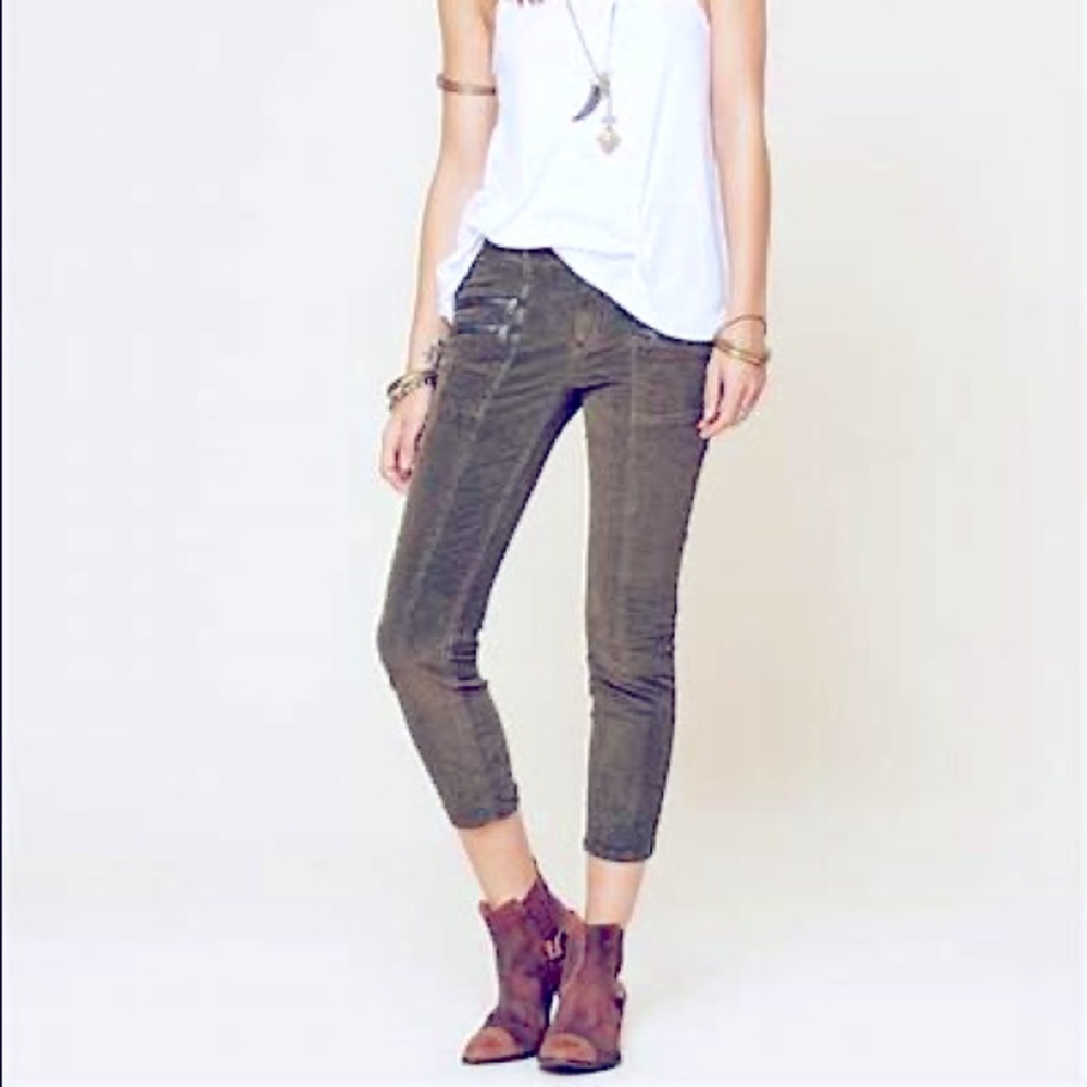 Free People Bedford Cropped Double Zip Pocket Skinny Cords Gray Sz 12